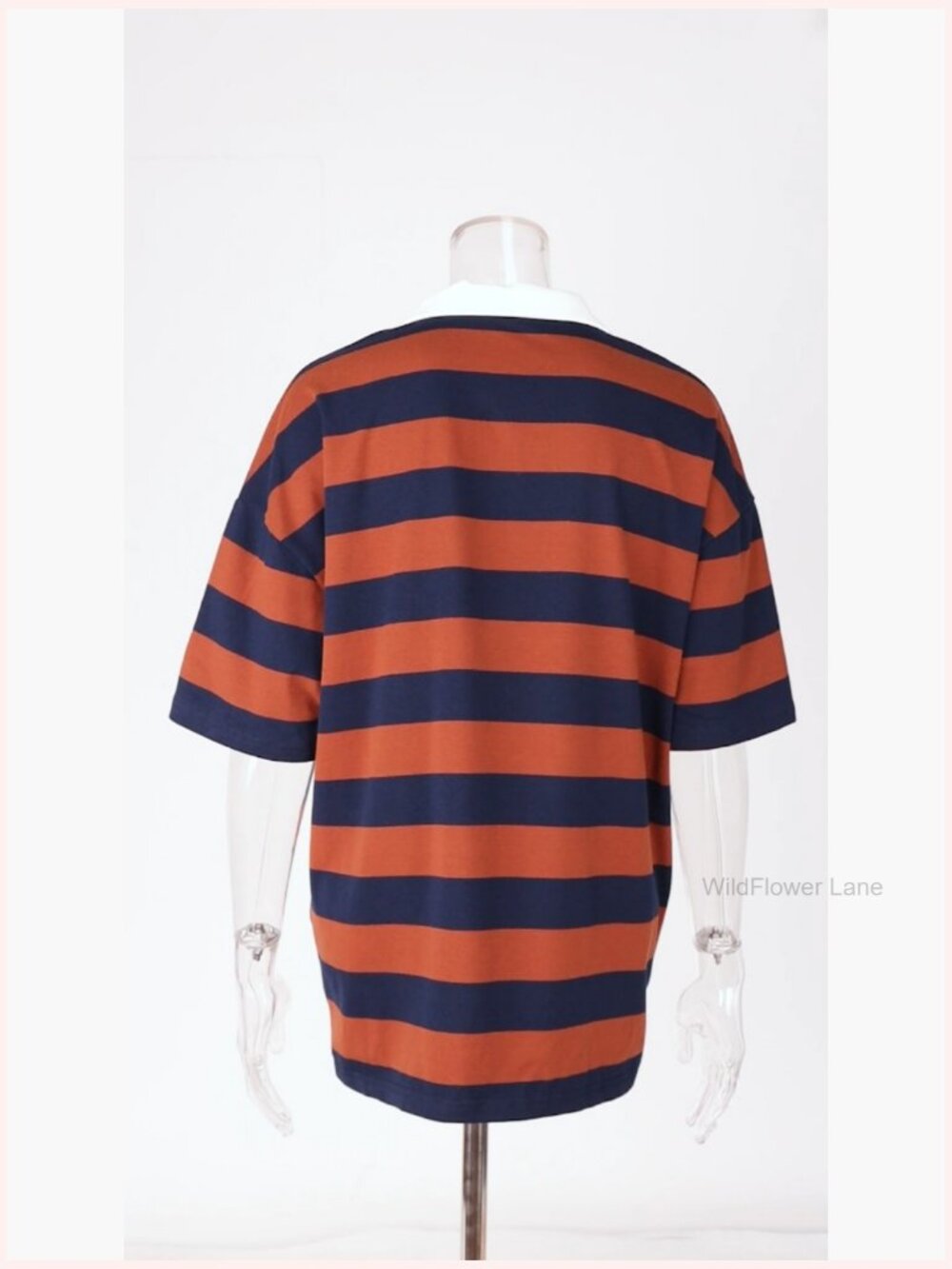 Oversized Striped Rugby Polo Shirt V-Neck Short Sleeve Summer Top - Picture 5 of 5